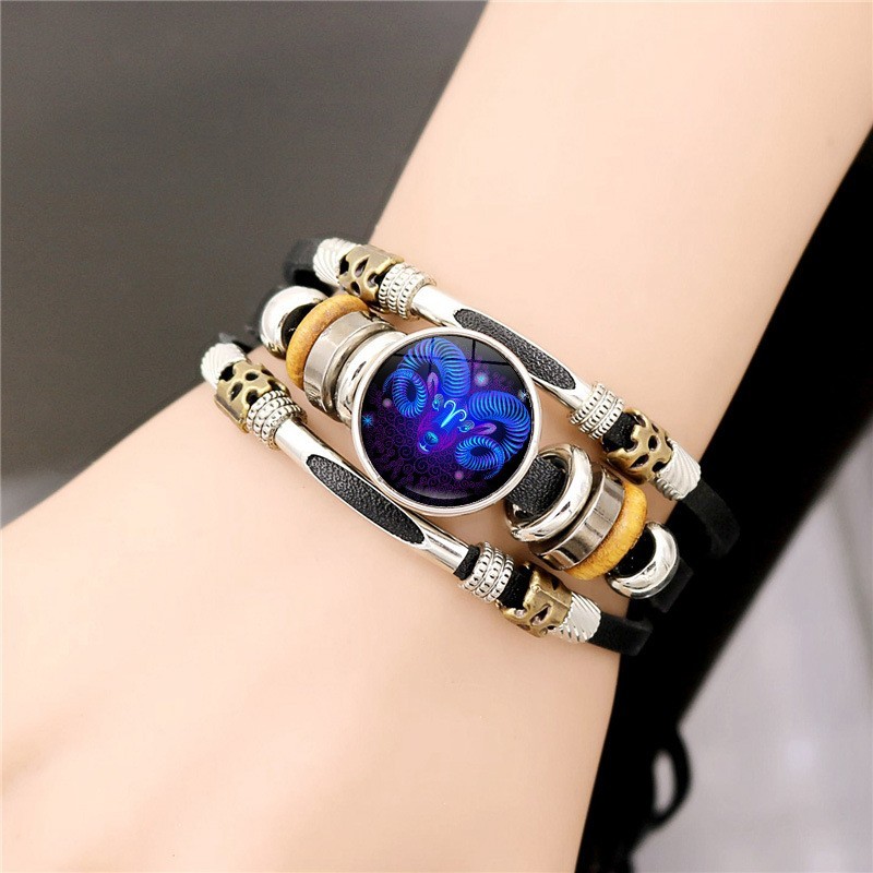 Zodiac Signs Spirit Bracelet, Beaded 12 Constellation Zodiac Leather Bracelet