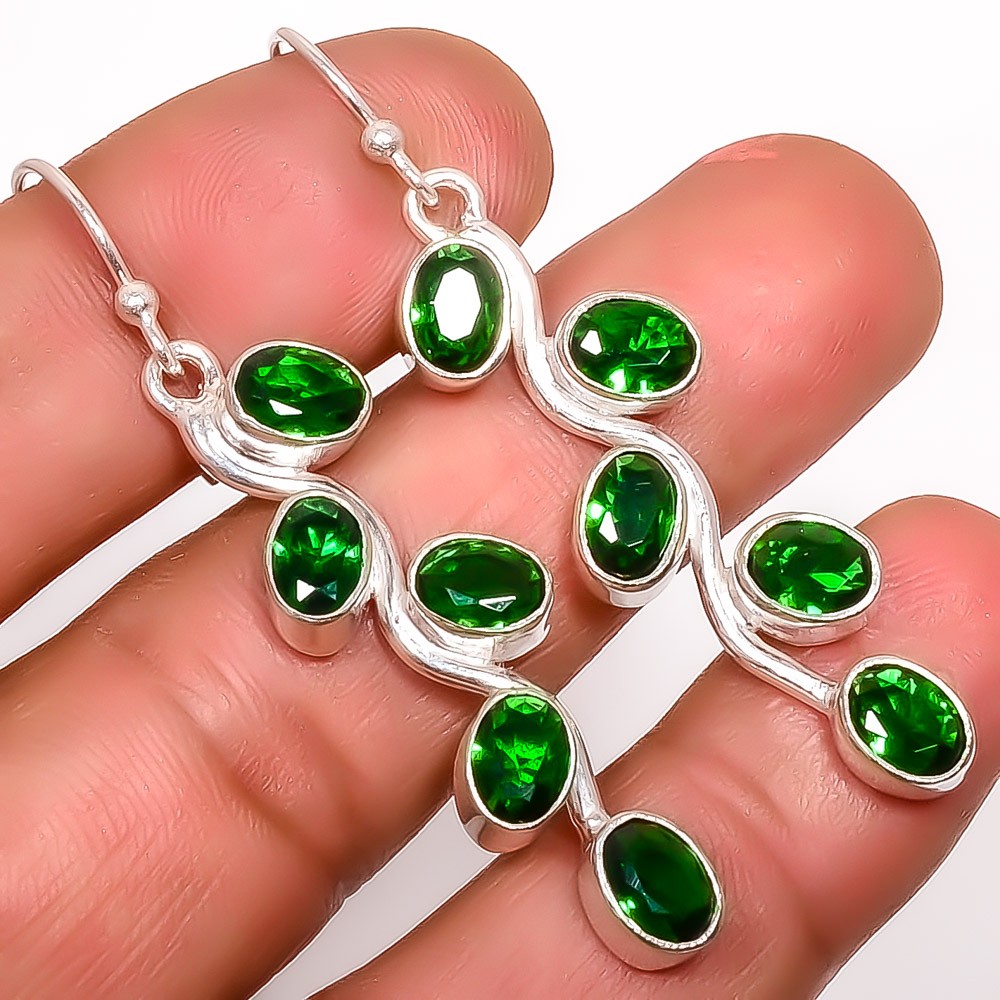 Emerald Quartz (Simulated) 925 Sterling Silver Handmade Earring 2.15″ A339