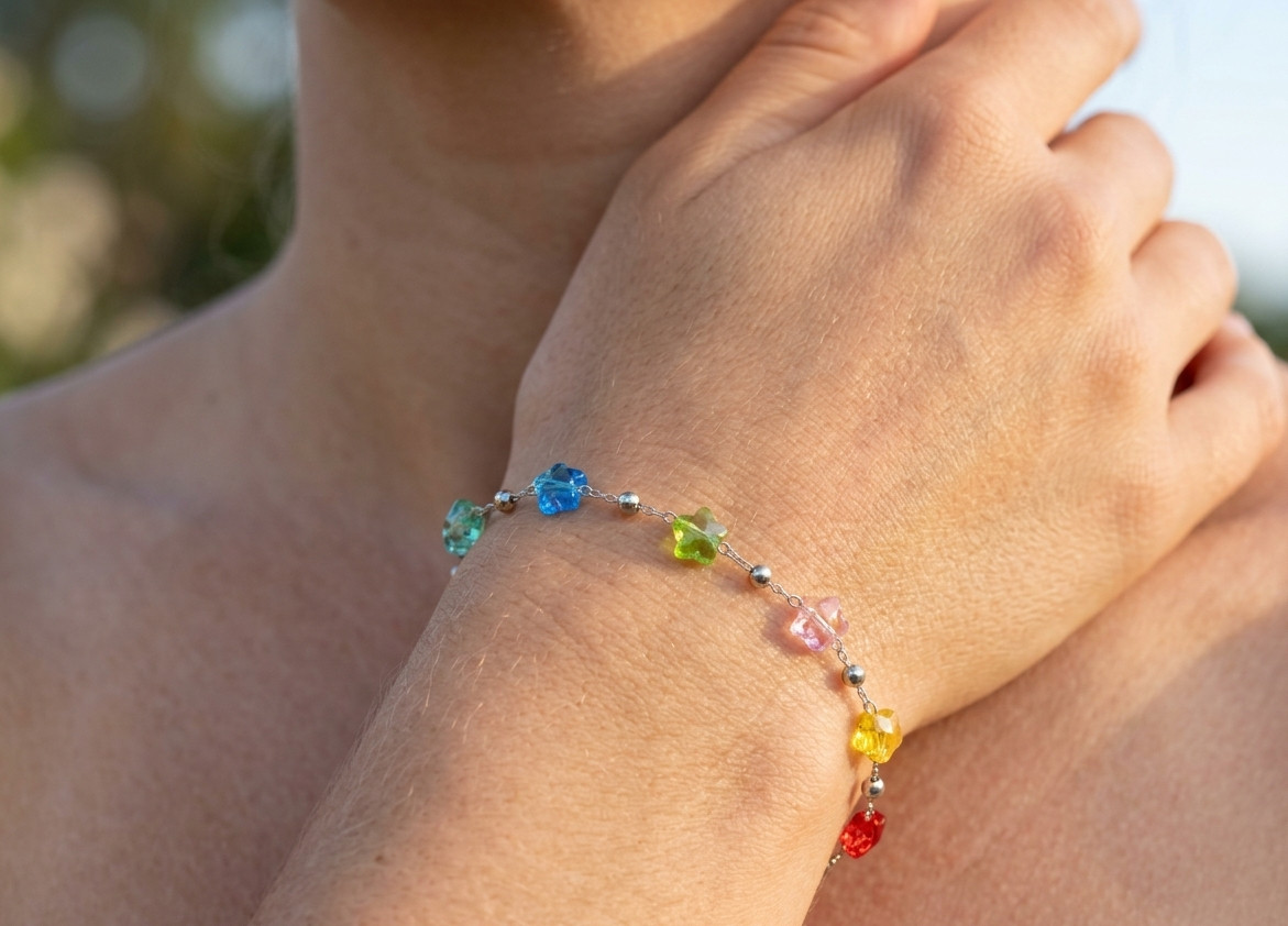 Elegant Silver Tone Minimalist Chain Bracelet with Multi Color Star Cubic