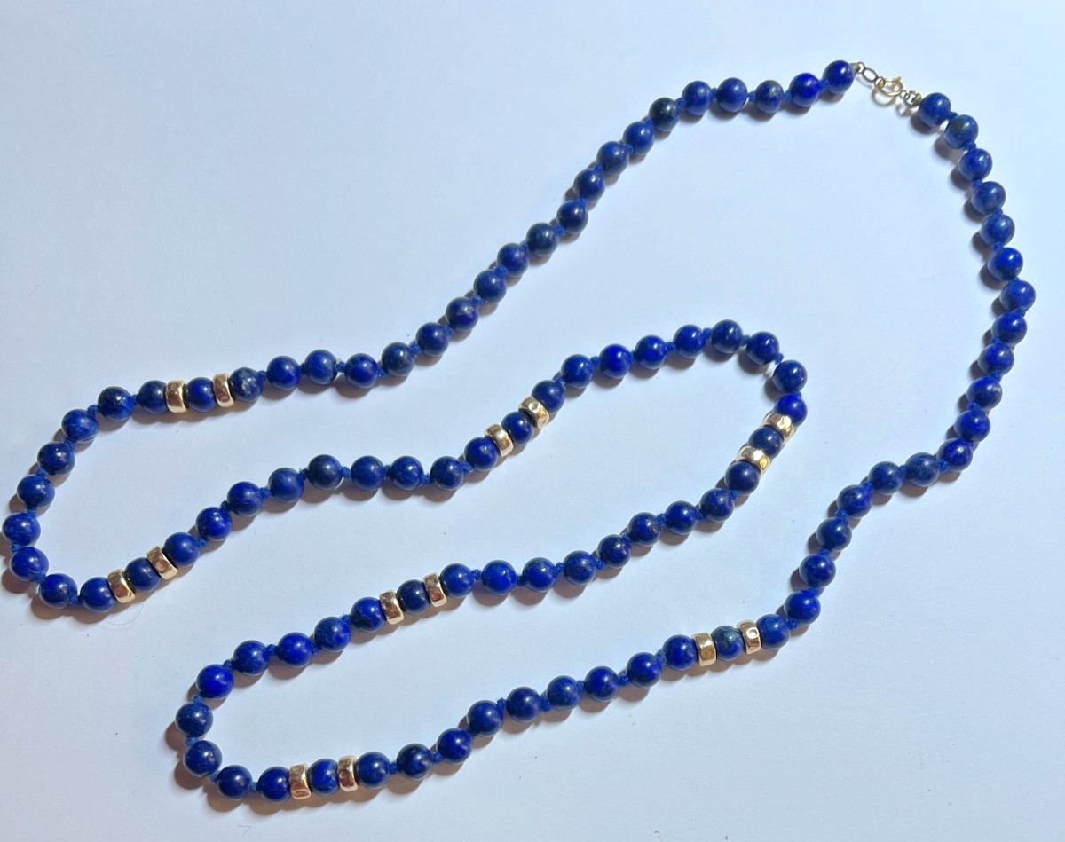 Vintage 30” 5mm Blue Lapis Lazuli & 14K Gold Beaded Necklace – Deep Cobalt Blue