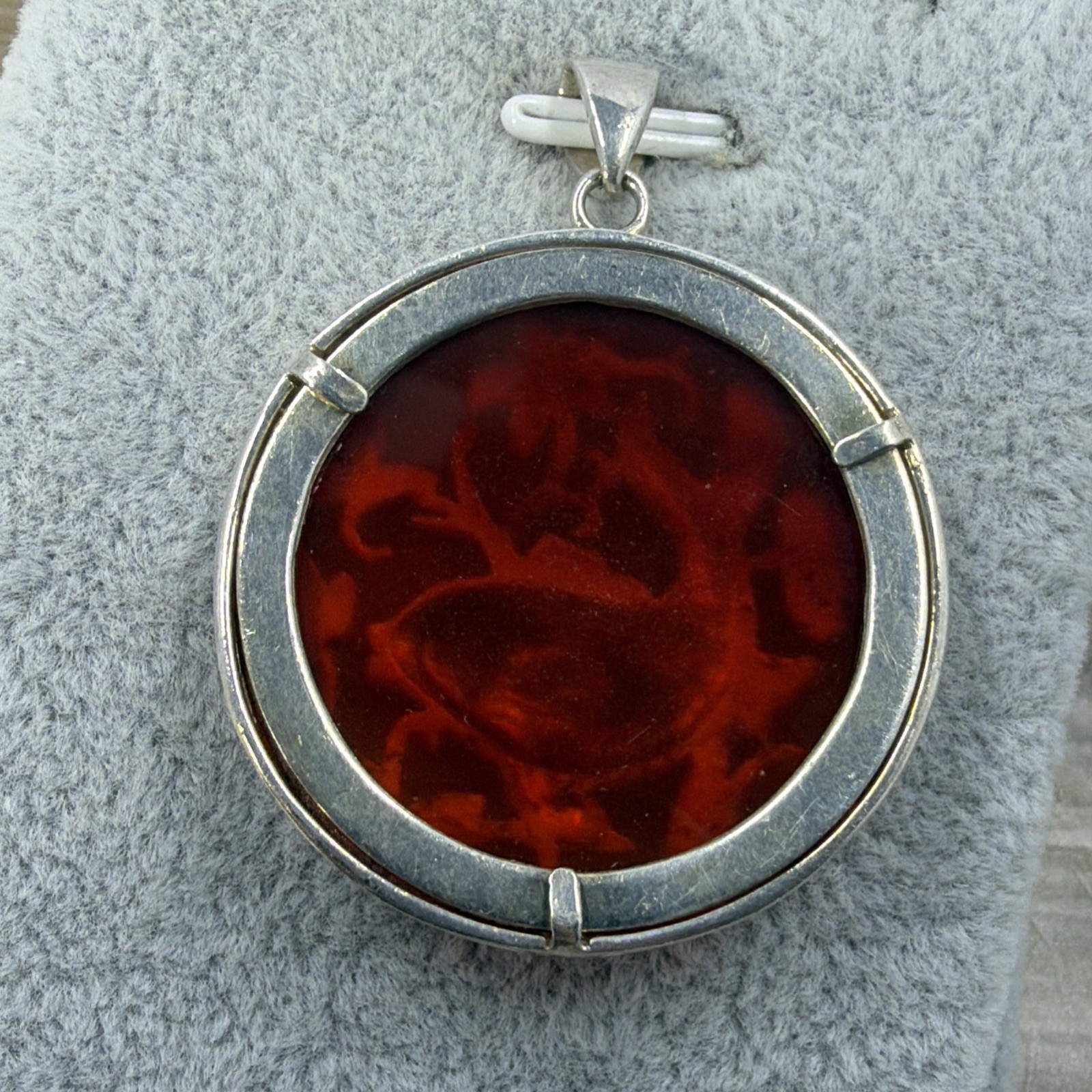 Vintage Sterling Silver Koi Fish Carnelian Pendant Round Filigree Medallion