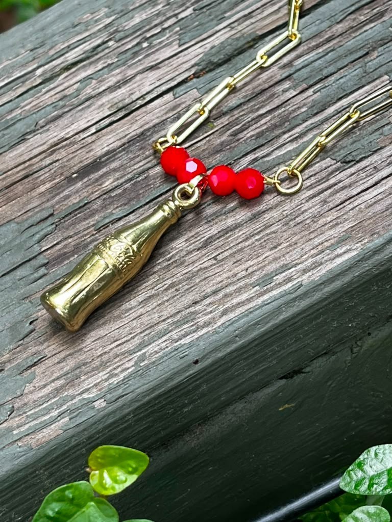 Vintage Coca-Cola Promotional Gold Tone Bottle Charm Necklace, Red Bead Gold Pla