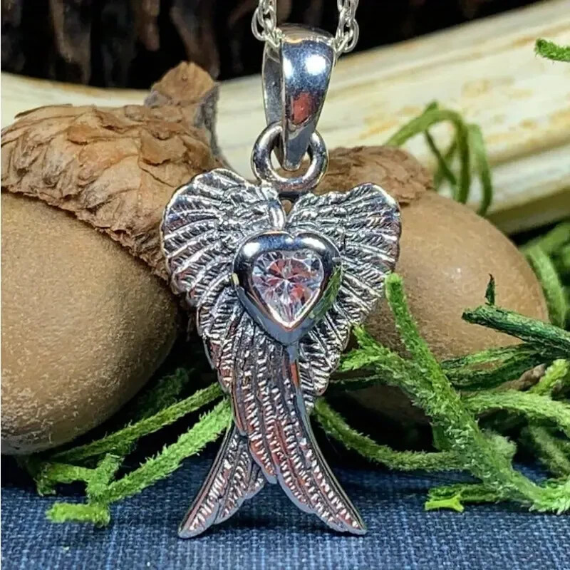 925 Sterling Silver White Topaz Guardian Angel Wings Goddess Pendant Necklace