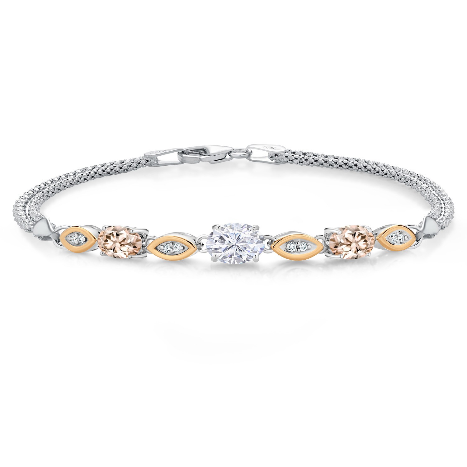 925 Silver and 10K Yellow Gold White Moissanite and Peach Morganite and White