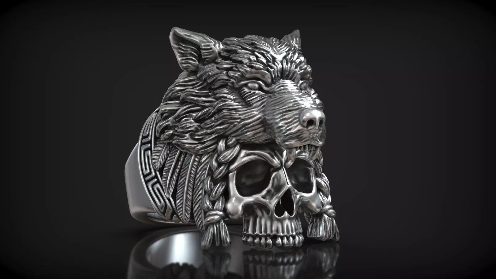 Native American Indian Chief Skull & Wolf Head 925SterlingSilver Statement Rings