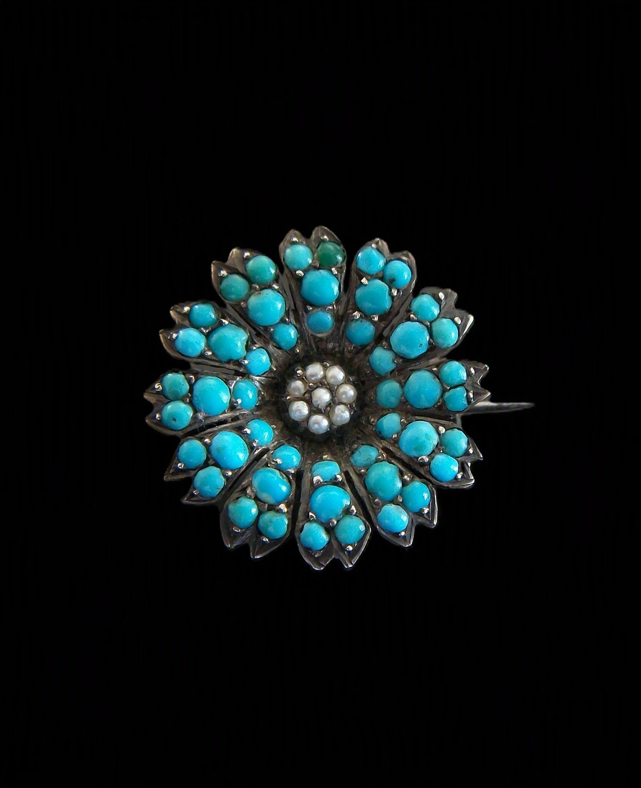Victorian Pavé Set Turquoise & Seed Pearl Flower Brooch – Germany – Circa 1850