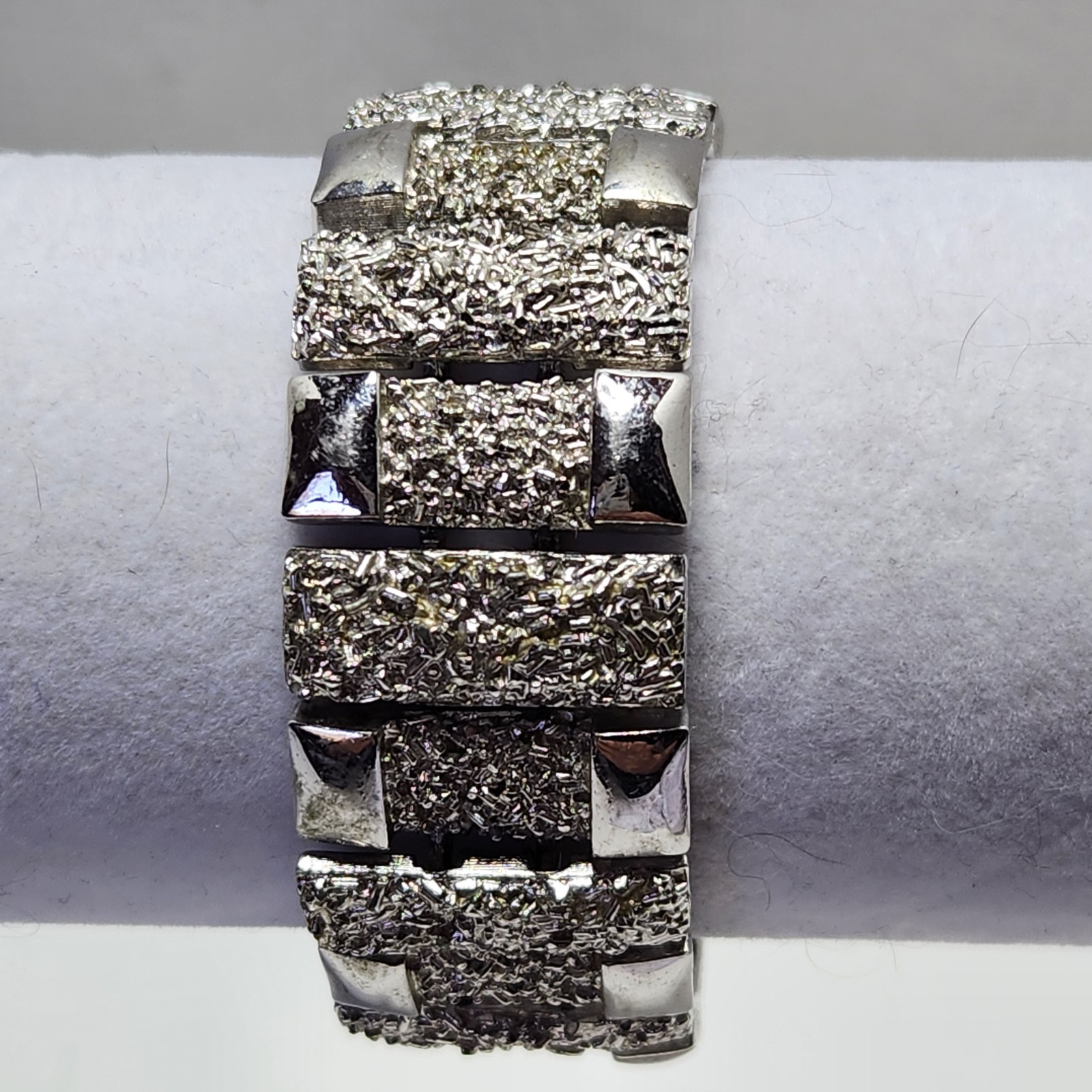 Vintage Monet Silvertone Bracelet Textured 1″ wide 7″ Fold Over Clasp No Safety
