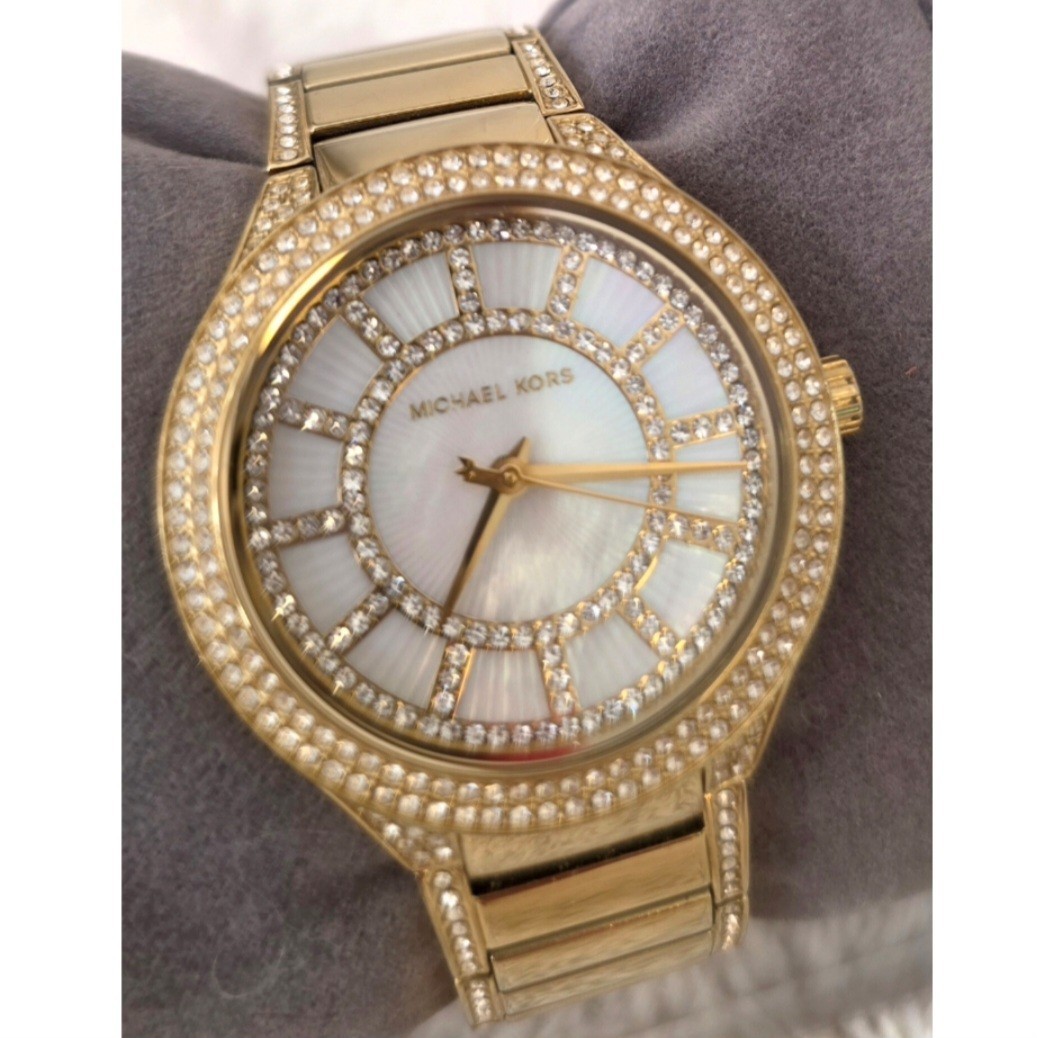 Michael Kors Gold Tone Crystal Pave Mother of Pearl MK Bracelet Watch