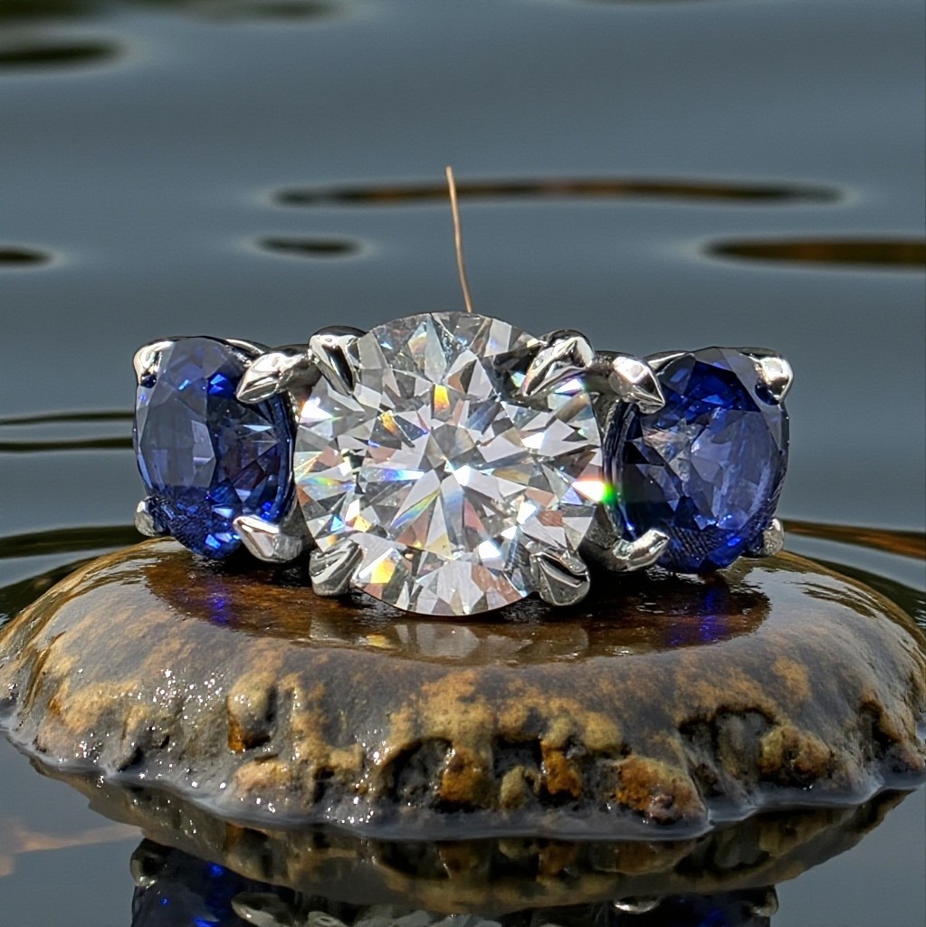 4.00 Ct E VS1 Sapphire and Diamond Lab Grown 3 Stone Ring 14k White Gold