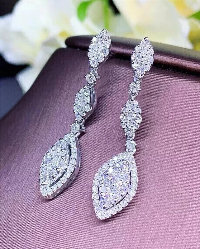 1.60 Ct Round Cut Real Moissanite Drop & Dangle Earrings 14K White Gold Plated