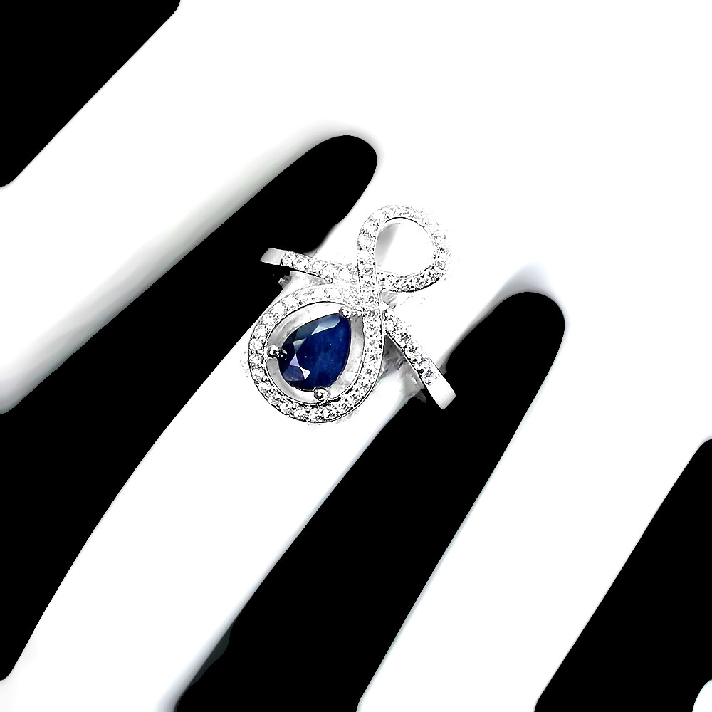 925 Sterling Silver Ring Pear Sapphire Diffused 7x5mm Gemstone Jewelry Gift