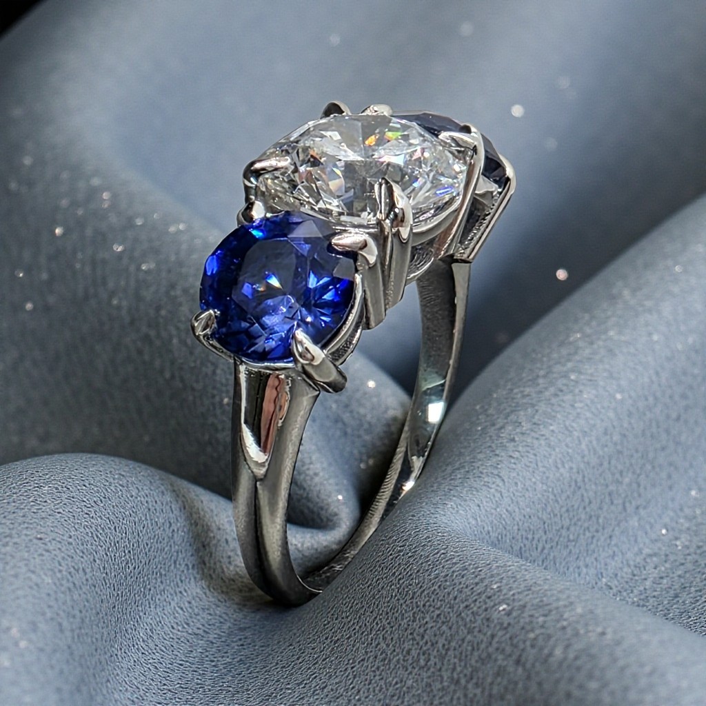4.00 Ct E VS1 Sapphire and Diamond Lab Grown 3 Stone Ring 14k White Gold