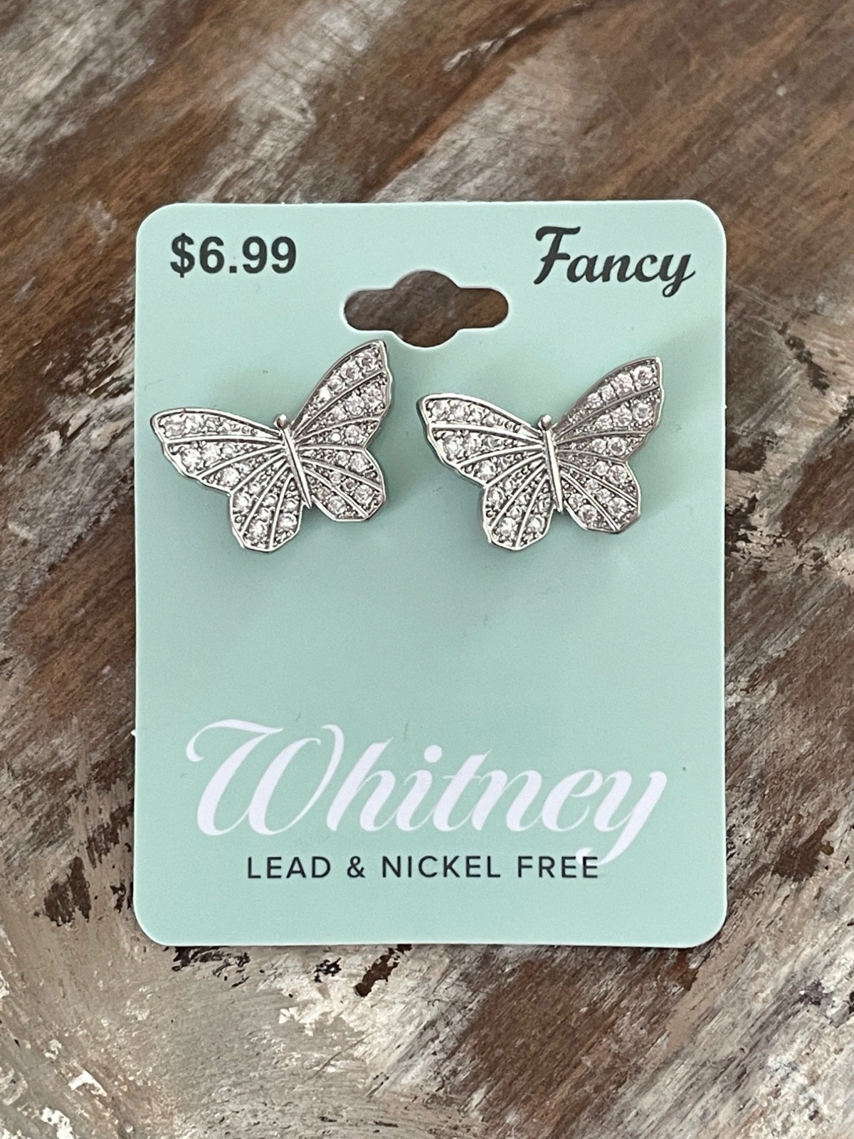 Fancy Whitney Butterfly Earrings Silvertone Clear Stones Lead and Nickel Free