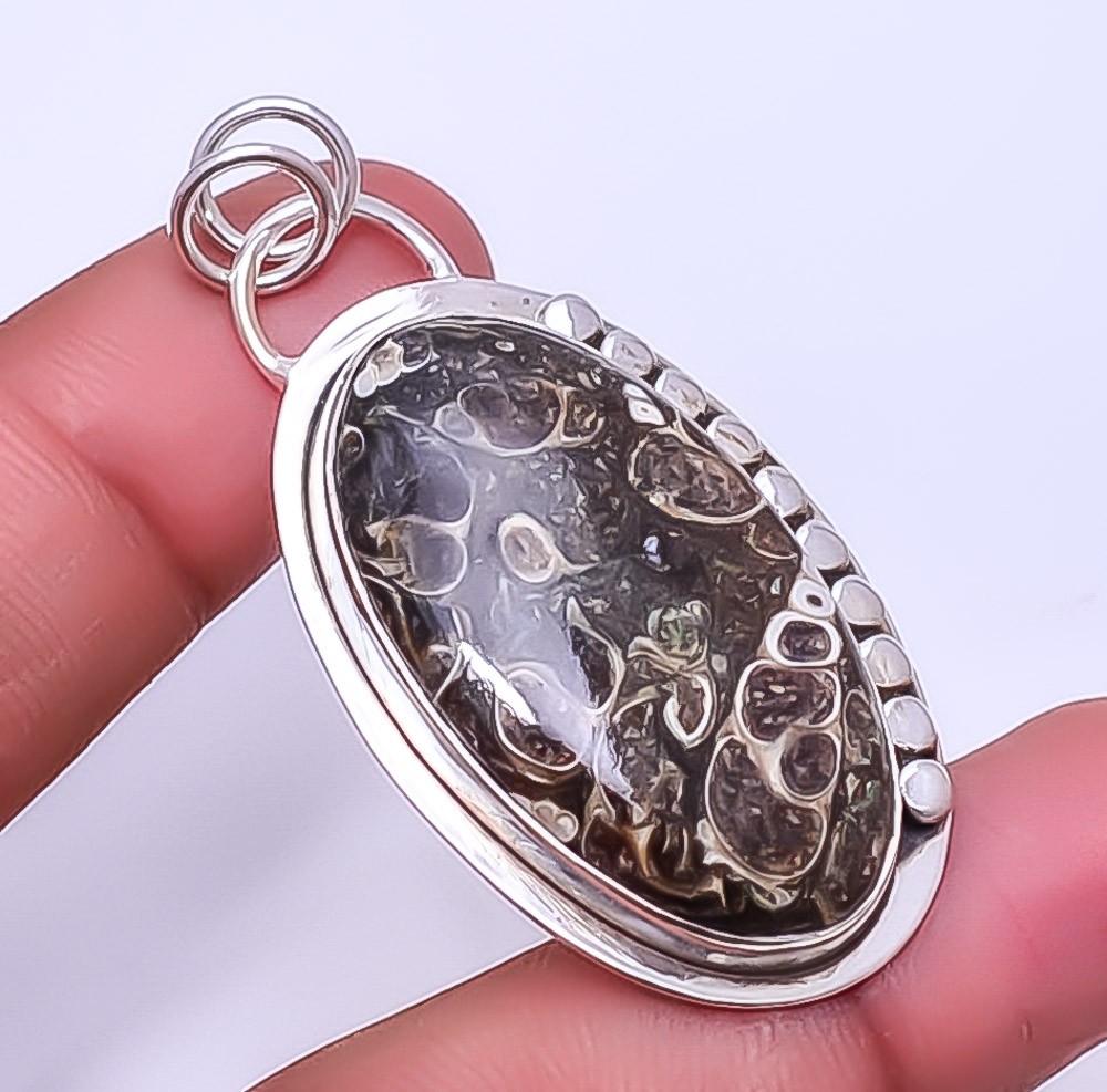 Turritella Fossil Agate Gemstone 925 Sterling Silver Handmade Pendant 2.11″ A330