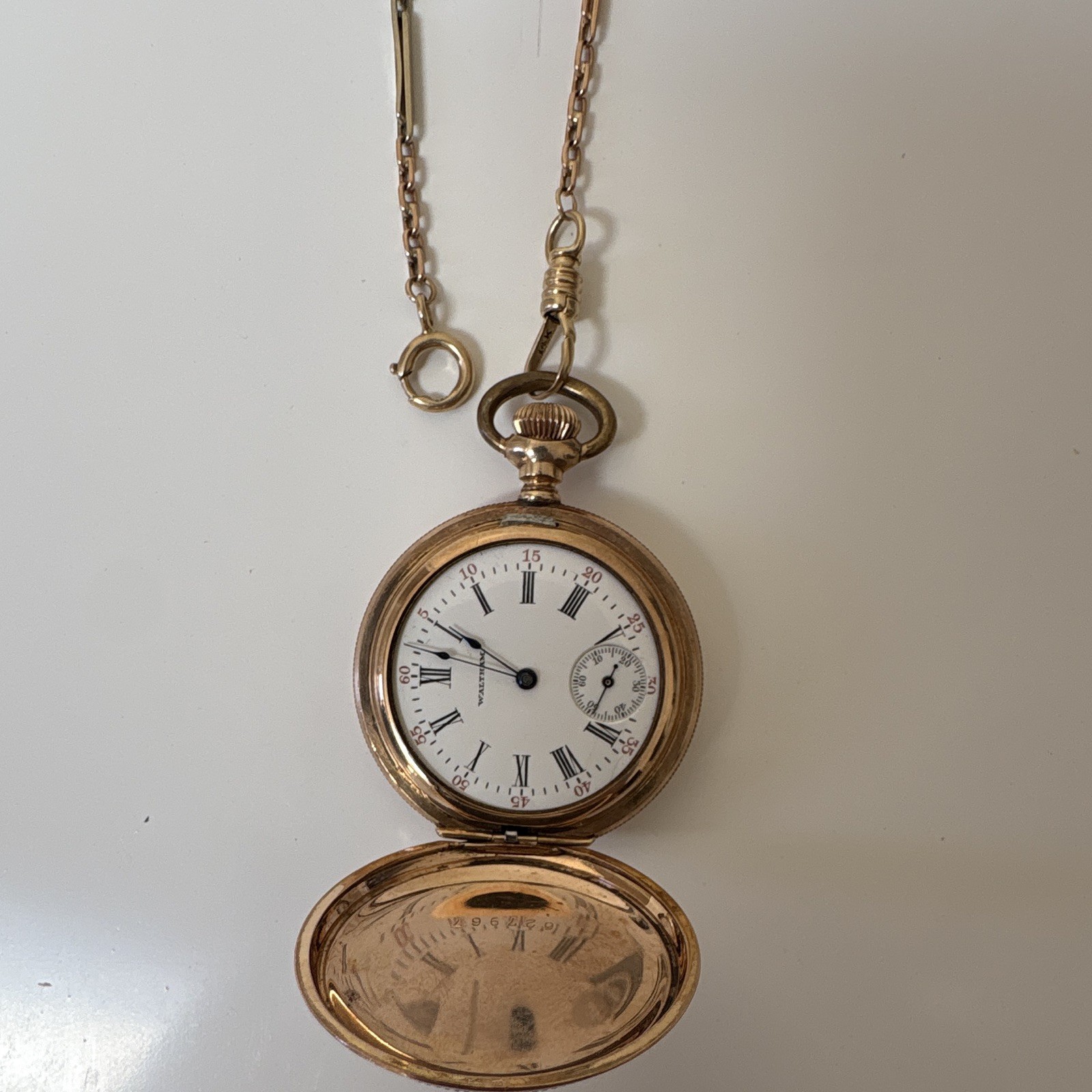 14K Gold Chain with Antique Waltham Pocket Watch 20 Years Gold Tone Case Repair