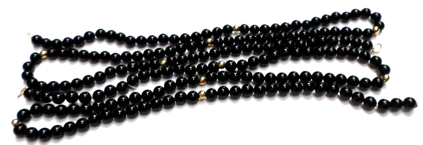 Vintage 16″ – 4.3mm Black Onyx w/6 -14K Gold Beads &Loops to Be Necklace Strand