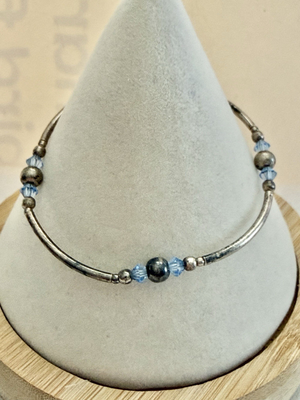 925 Sterling Silver & Blue Crystal Bead Accents 7” Bracelet 3.29