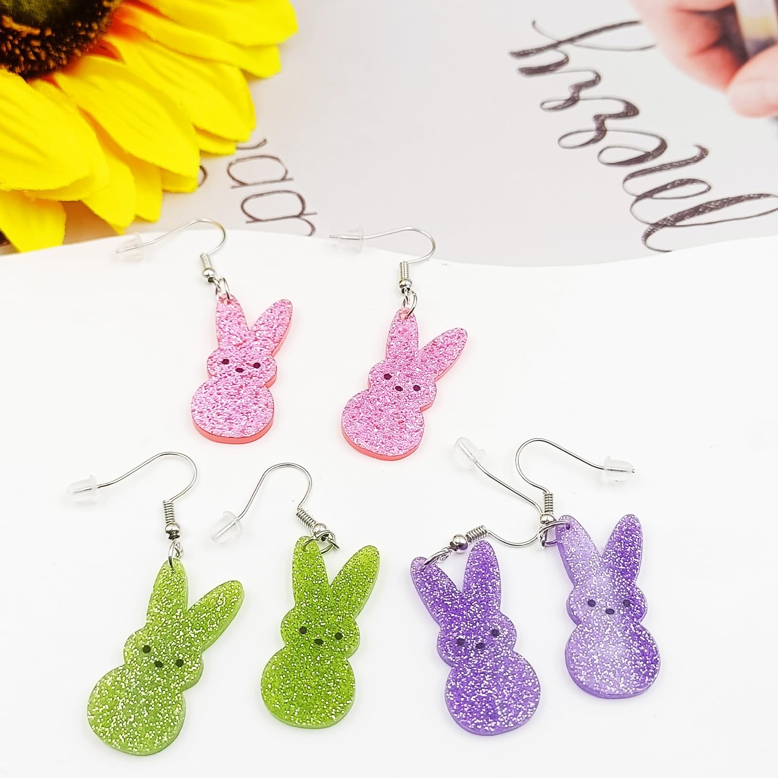 Easter Bunny Earrings for Women,Cute 3 Pairs Colorful Rabbit Dangle Earrings Gli
