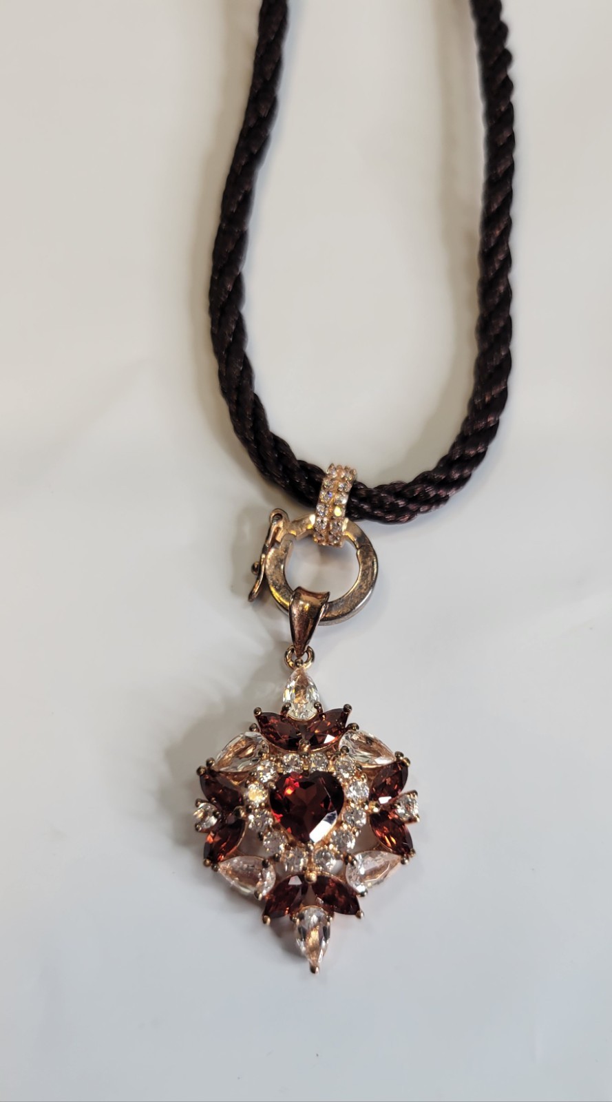 925 Sterling Silver Pendant Red And White Heart Shaped Garnet With Braided Rope