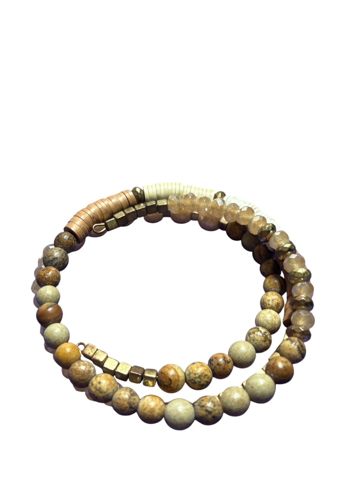 Artisan Beaded Memory Wire Bracelet Iridescent Faceted Glass Stone Metal Shell