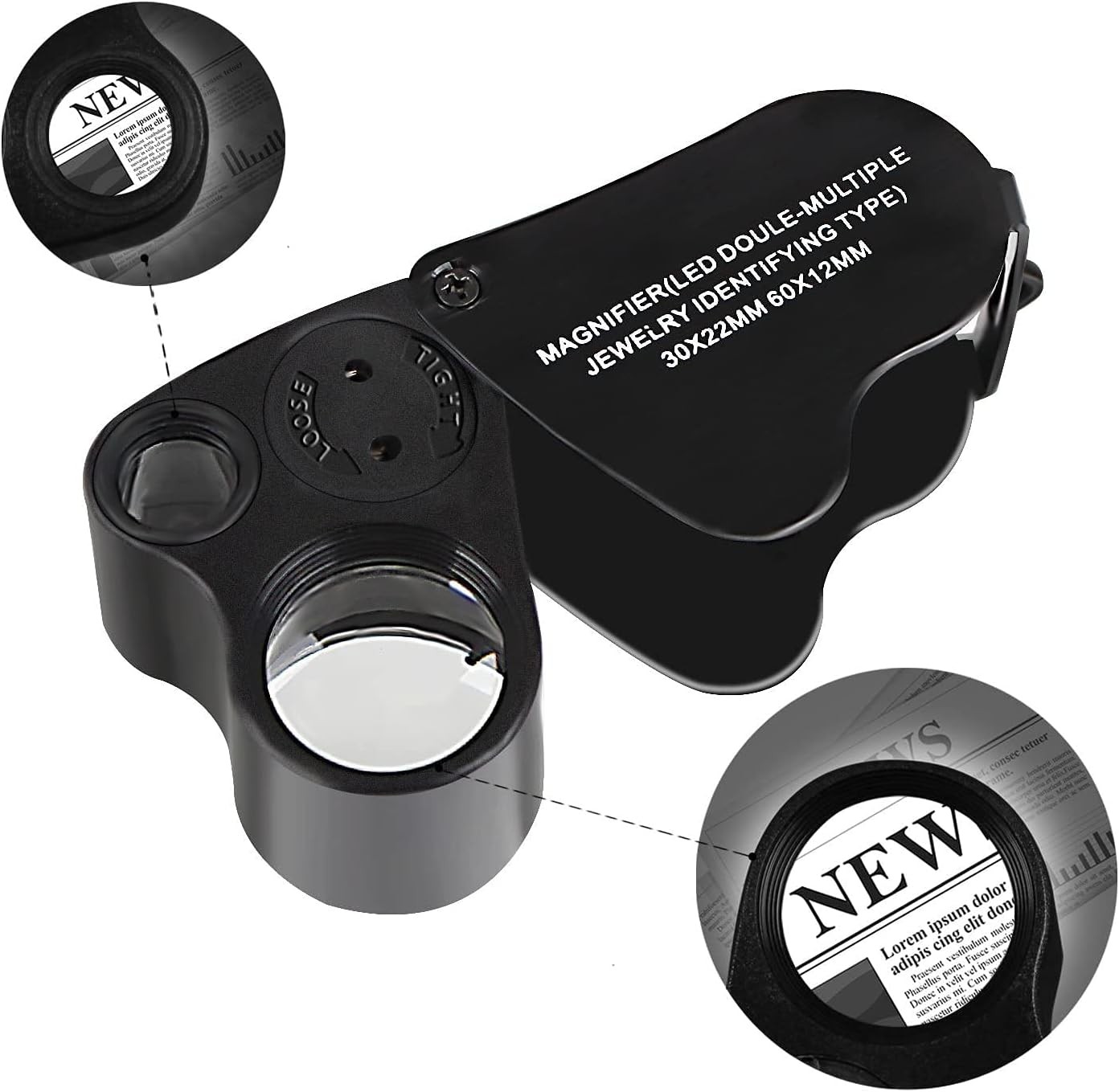 Jewelers Loupe, 2 Pack Magnifying Glass with Light, 30X 60X 90X Black
