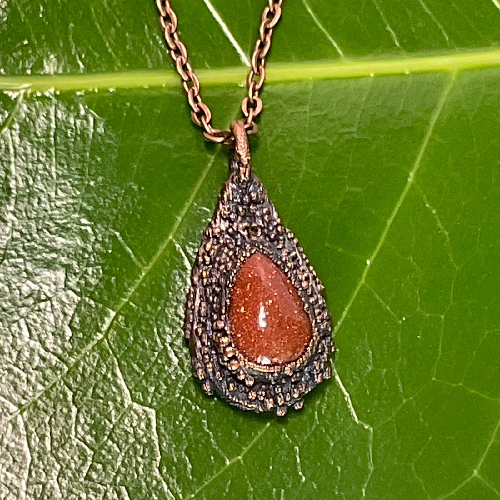 Necklace Copper Pendant Gold Sandstone Gem Stone Handmade Jewelry Chain Metal