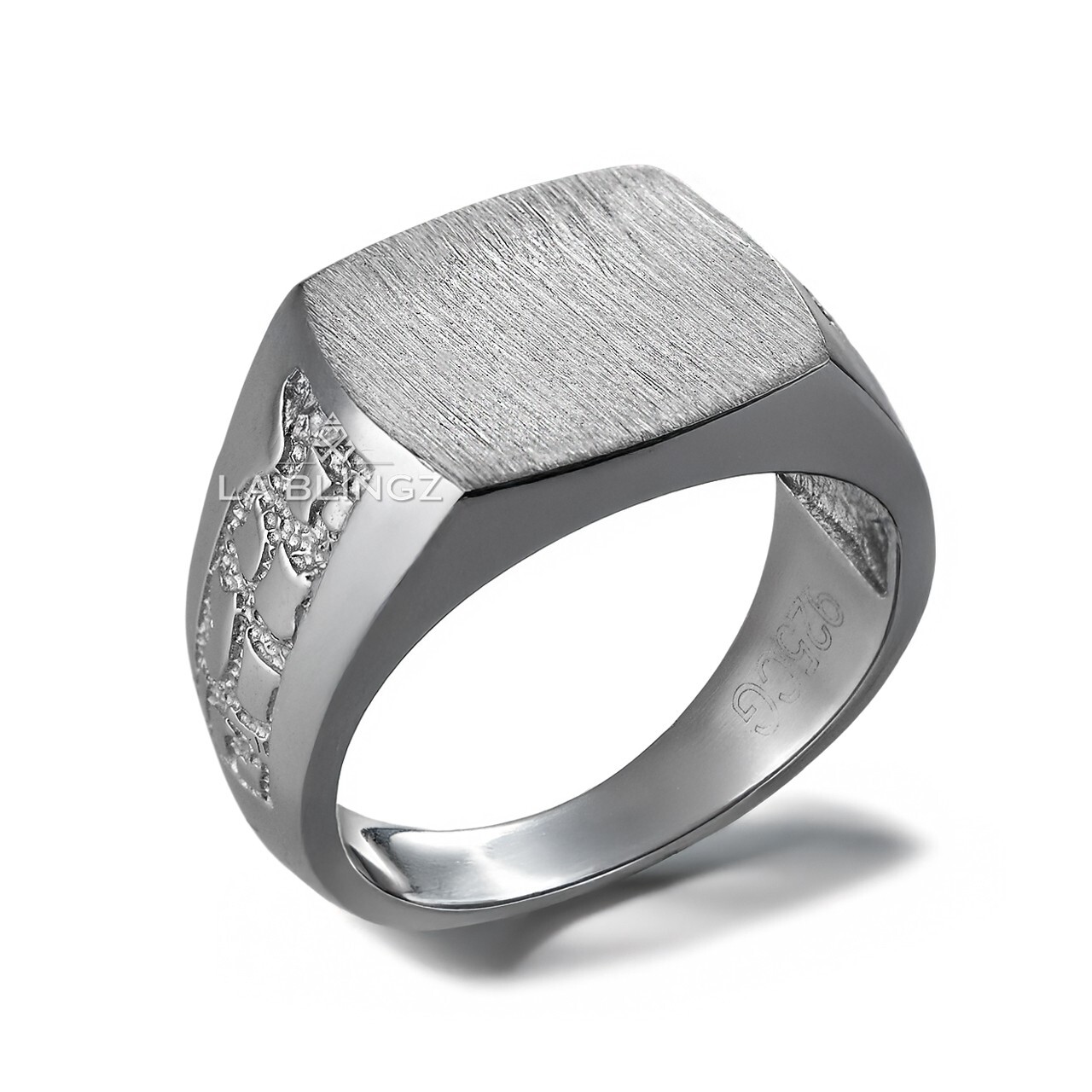 Sterling Silver Brushed Rounded Rectangle Signet Ring with Nugget Band for Men