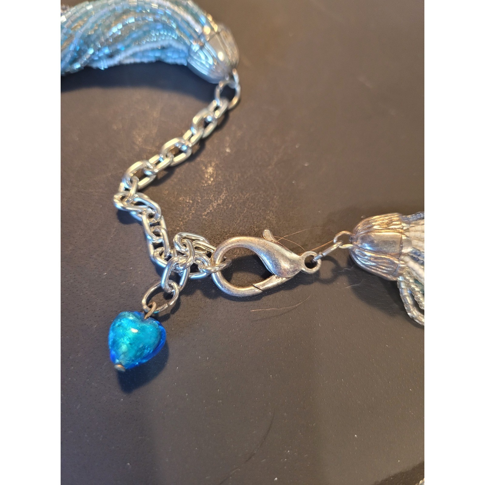 Blue White Silver Multi Strand Seed Bead Necklace with Heart Charm Extender 23″