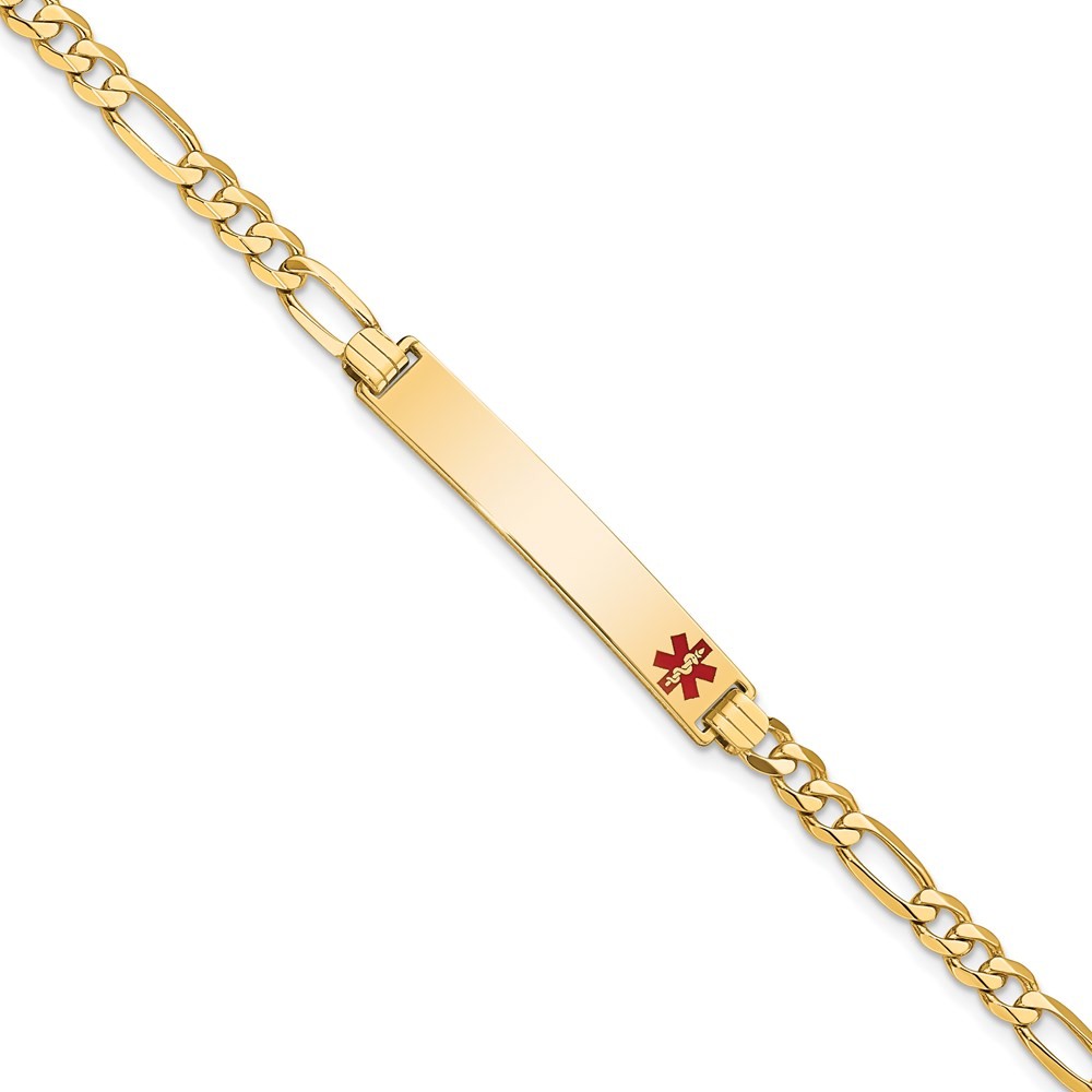 14K Yellow Gold Solid Chain 33x6mm Red Enamel Flat Figaro Link Bracelet 7″