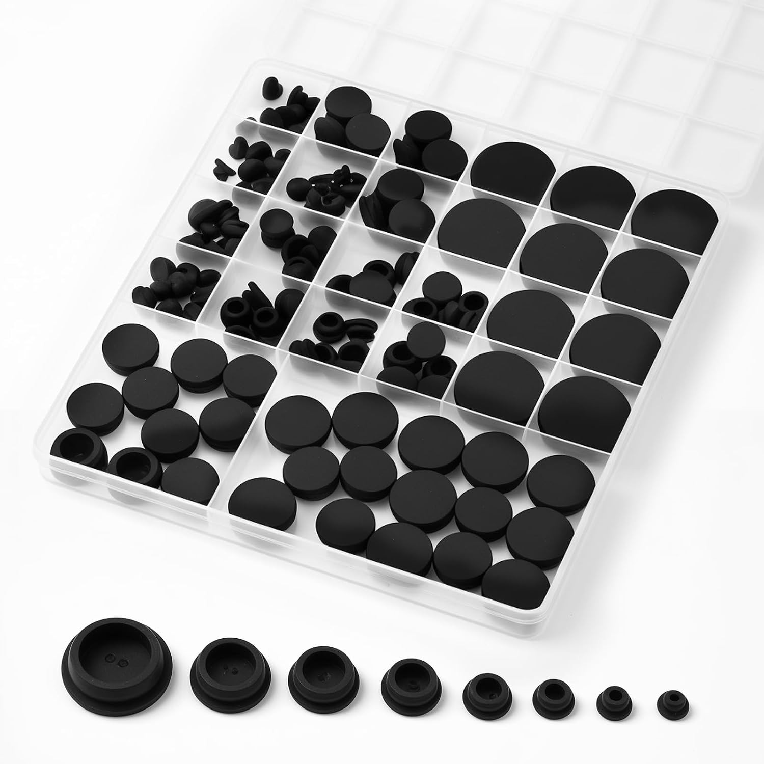 135Pcs Black Rubber Plug Box, 8 Sizes Rubber Plugs for Round Holes, 1″ 3/4″ 5/8″
