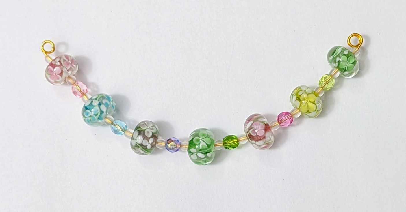 Lampwork Glass Spring Flowers Vintage Rondelle Beads with Czech Glass 7 Pieces