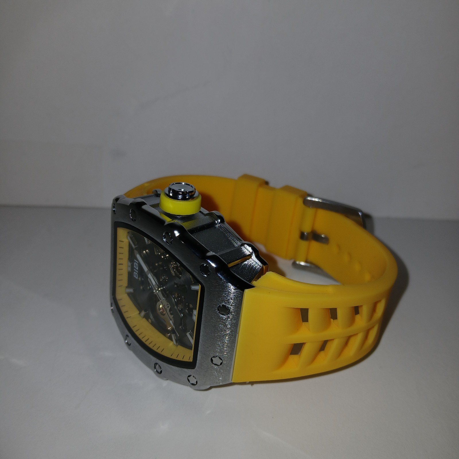 BiBi Automatic Watch Grey Yellow Dial Sivler Case Yellow Strap B0395