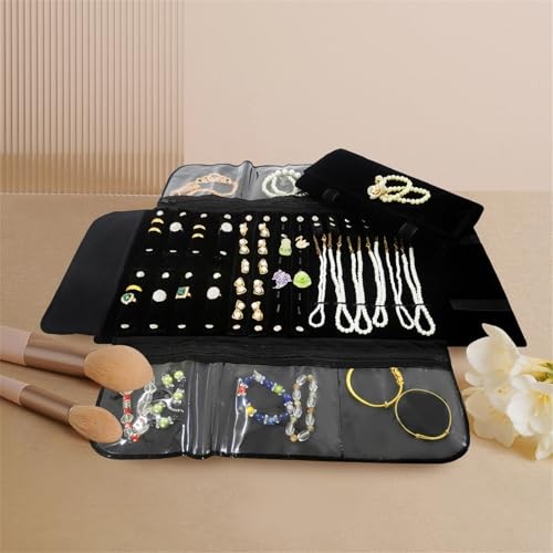 Velvet Travel Jewelry Case Roll Bag Organizer for Necklace Bracelet Black
