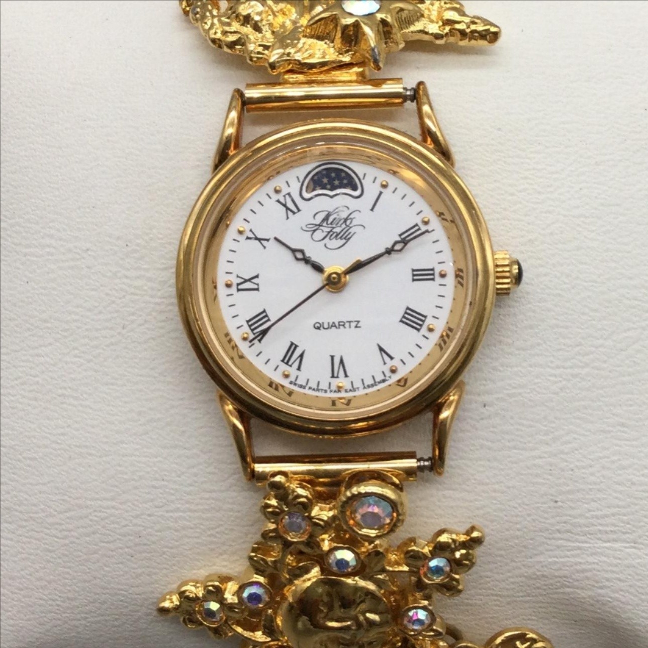 Kirks Folly K46Y Womens Watch 24mm Gold Tone Moon Phase Charms New Battery 8.5″