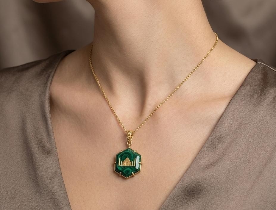 Natural Malachite Stone Taj mahal Pendant 925 sterling silver gold plated