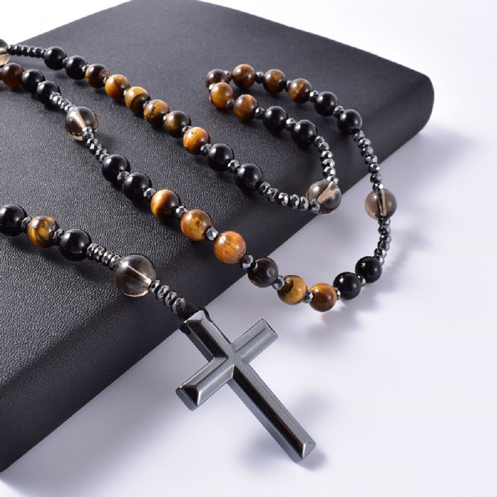Natural Obsidian Tiger’s Eye Beaded Hematite Stone Cross Pendant Necklace