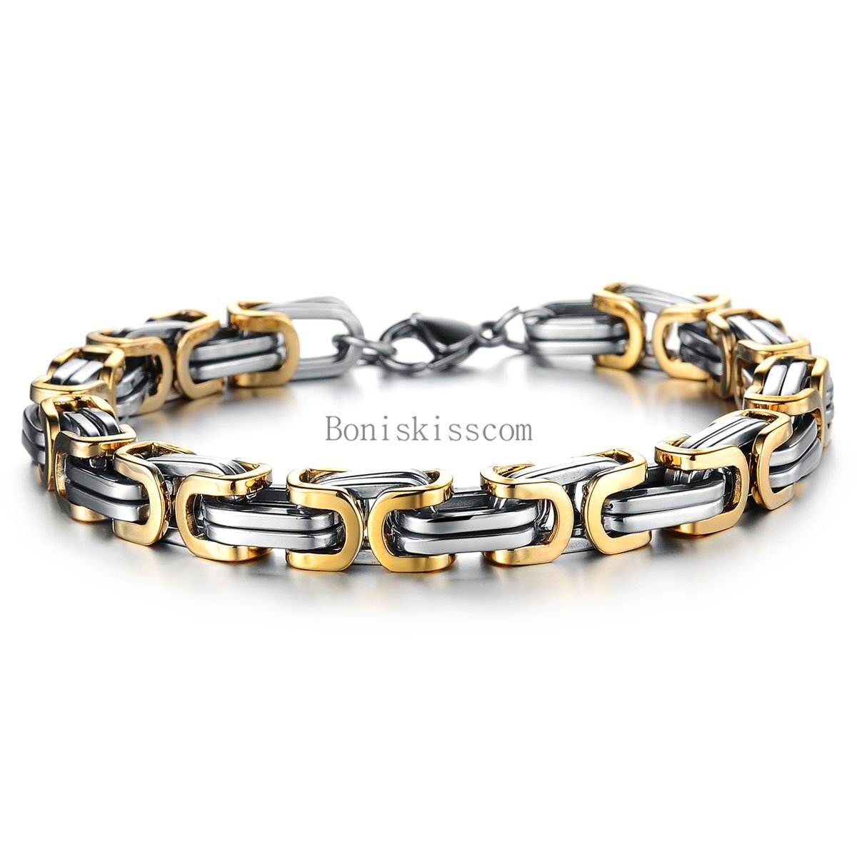 Silver Gold Black Tone Square Byzantine Stainless Steel Bracelet Mens Boys Chain