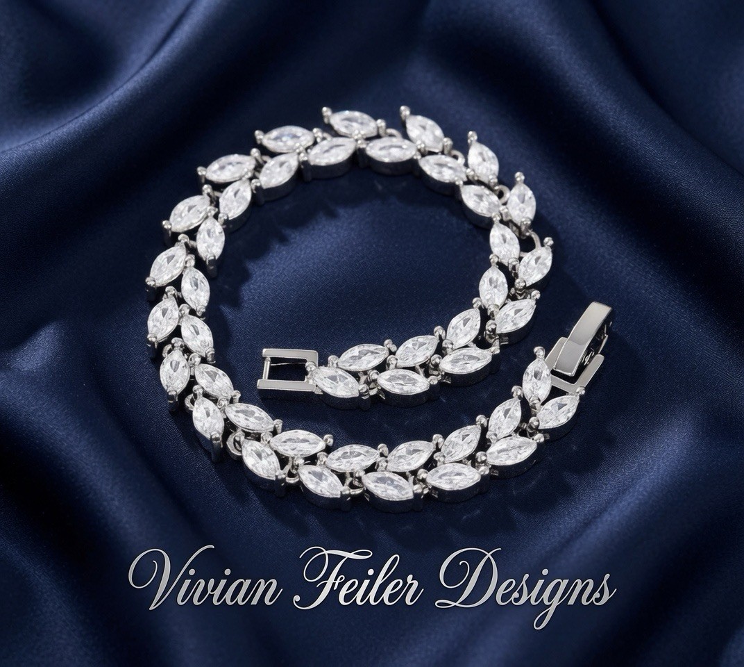 Bridal Tennis Bracelet Wedding Marquis Cut Leaf Vine CZ Silver, Gold, Rose Gold