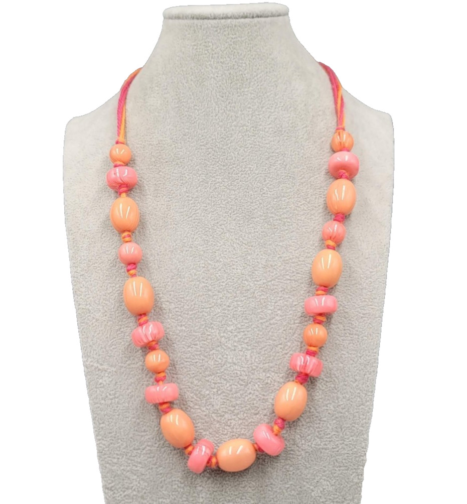 Artisan Peach Pink Cane Glass Bead Necklace Hand Knotted Yarn Cord 24 in