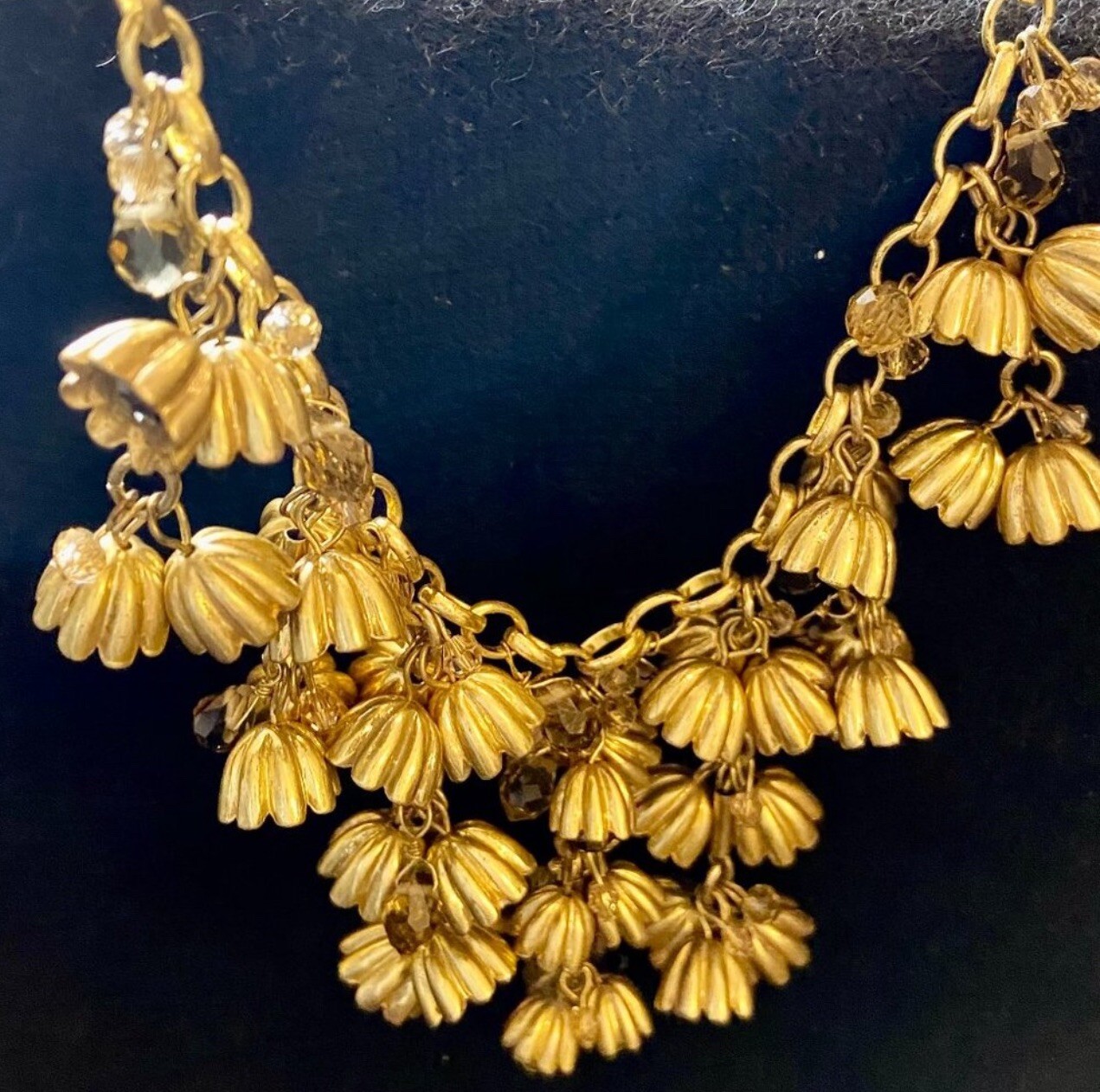 Ann Taylor Crystal Floral Drop Tiered Necklace Antique Gold Tone Flower Bells