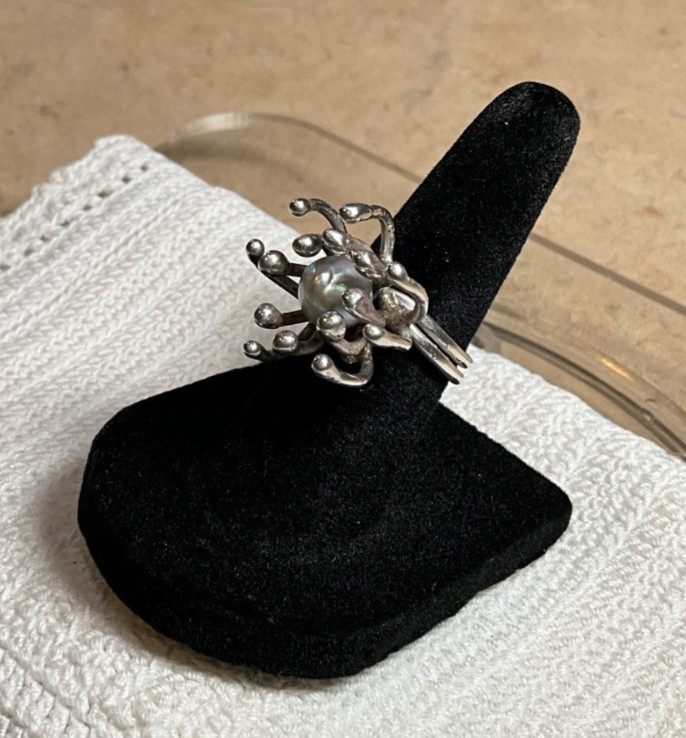 Brutalist Sterling Silver Ring Genuine Pearl Size 5
