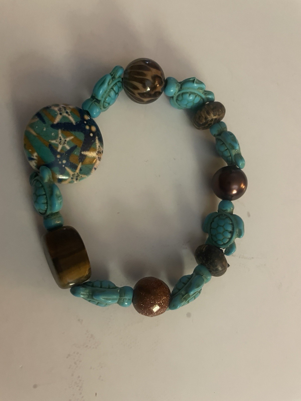 Turtle/Brown Beaded Charm Stretch Bracelet Metal/Plastic