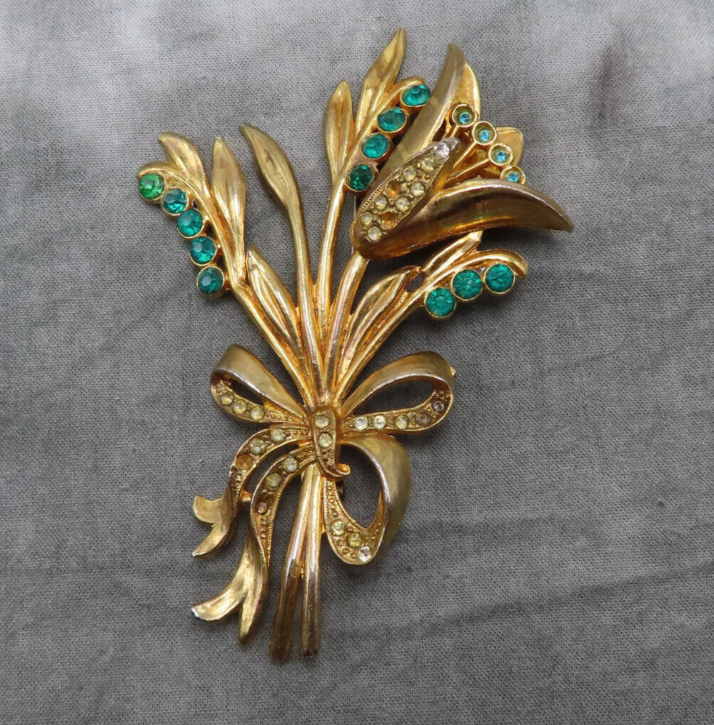 Antique Rhinestone Brooch Flower Clear Green Crystal 3.75 in OOAK Vintage 253f