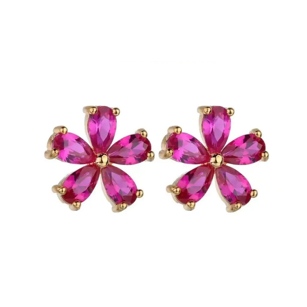 Natural Ruby Flower Stud Earrings Women Red Stone 925 Silver Needle Earring Gift
