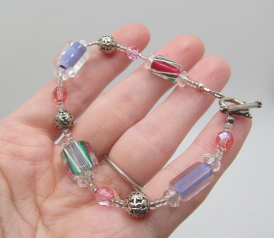 Artisan 925 Sterling Silver Pink Green Purple Filigree Ball Bracelet 8.25 In