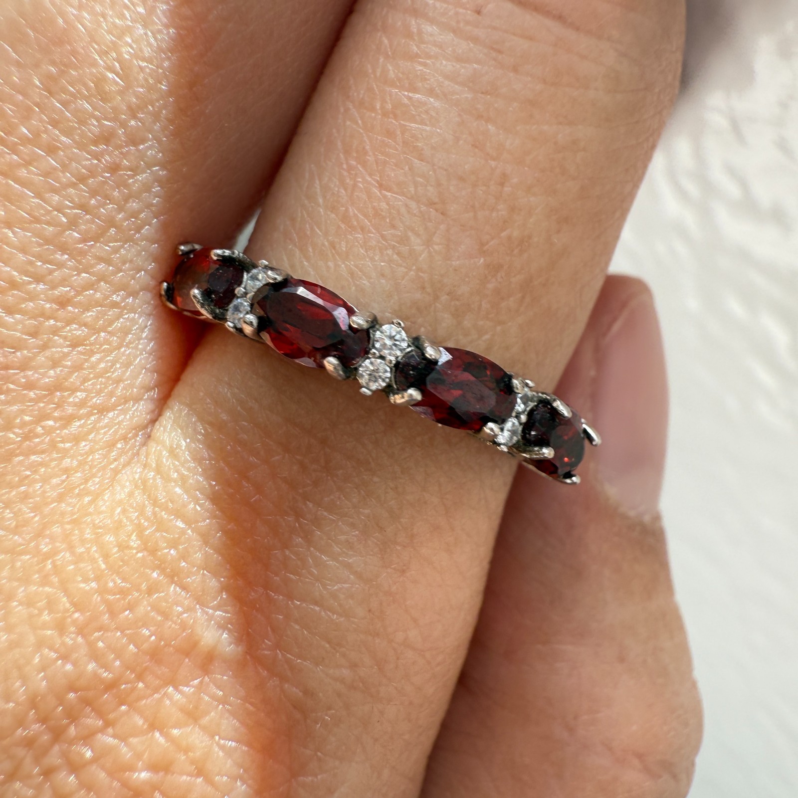 925 Sterling Silver Ring 5x3mm Natural Rhodolite Garnet Gemstone Zircon Beaded