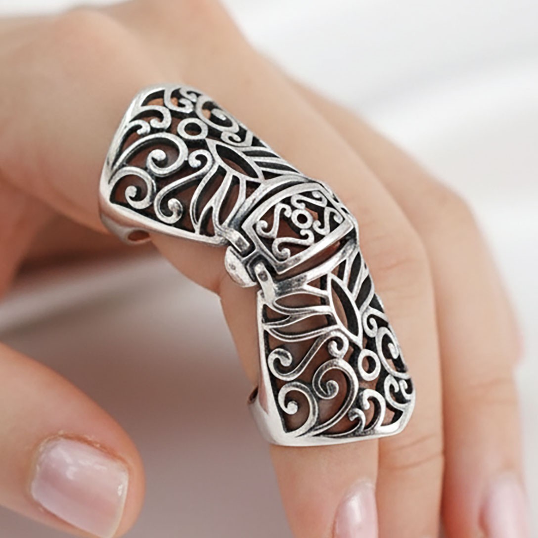 Full Finger Armour Floral Gothic Women 925 Sterling Silver Adjustable Ring