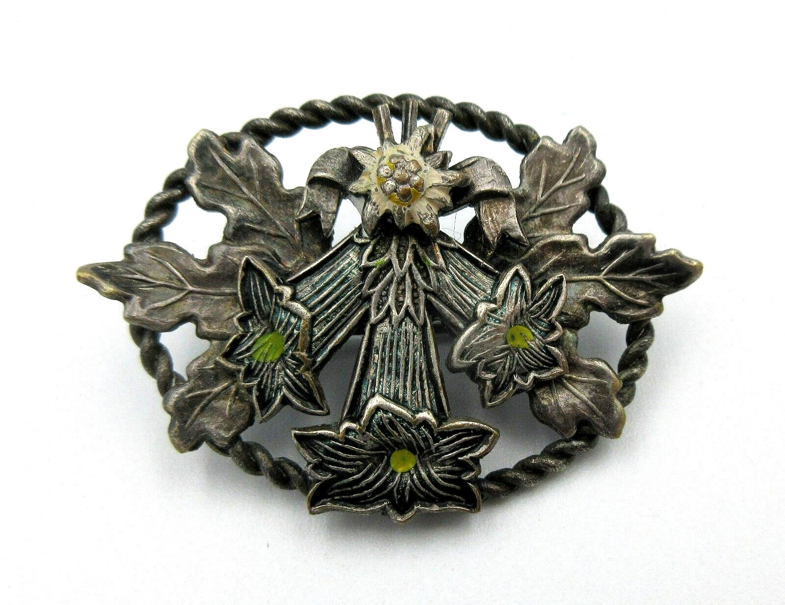 VTG Flower Brooch pin black silver tone metal yellow white costume jewelry