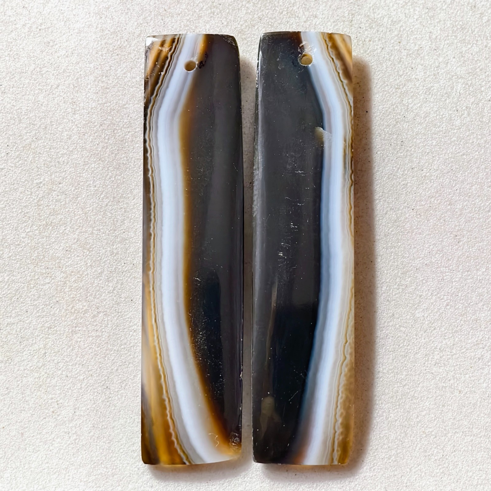 34 Cts Natural Black Banded Agate Drilled Pair Cabochon Gemstone 45.8X10.8 MM
