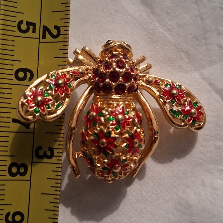 Gold Tone Bee Brooch Pin Red Green Enamel Round Rhinestone Insect Theme
